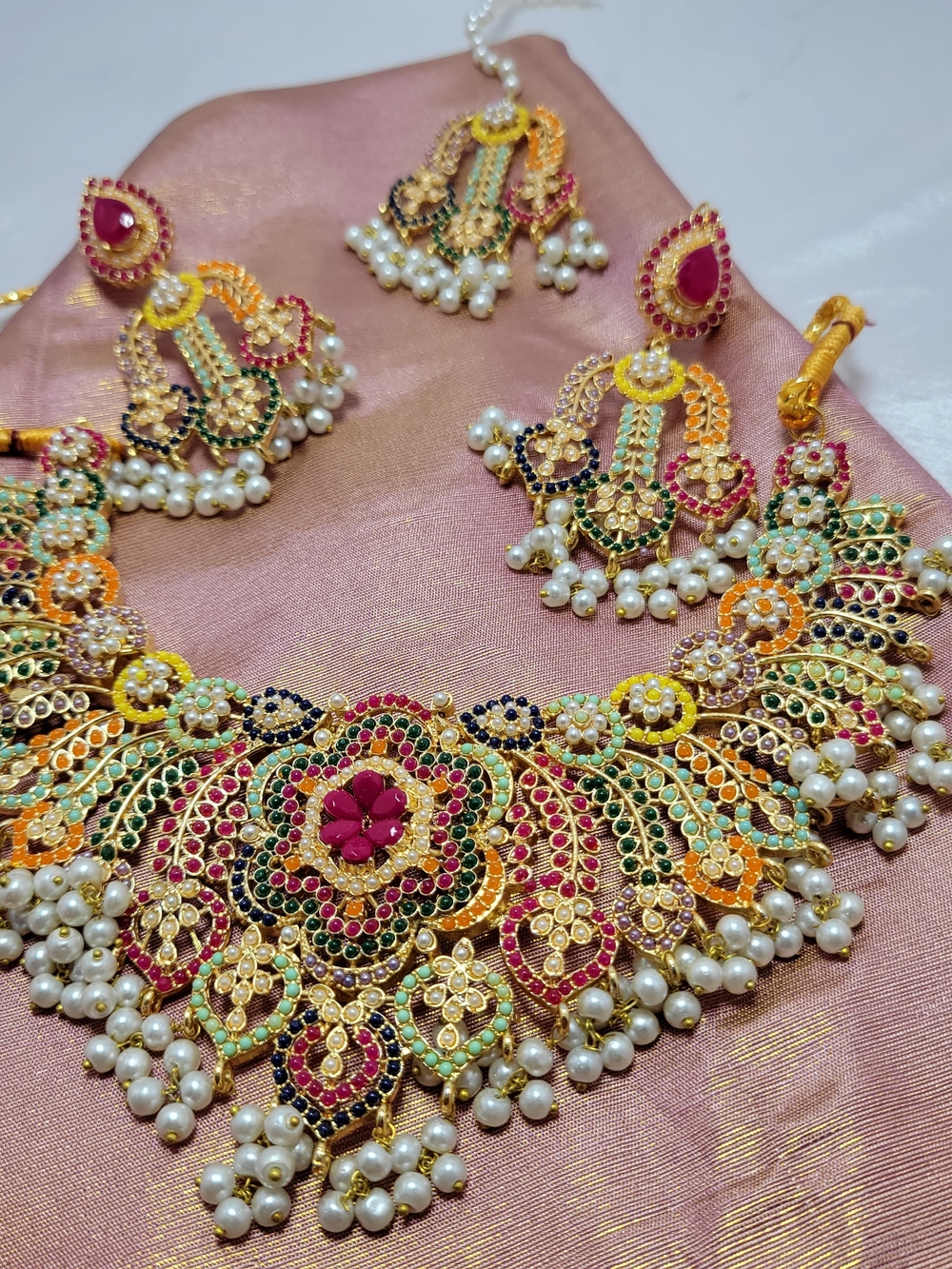 Traditional Multicolor Stone and Pearl Bridal Necklace Set